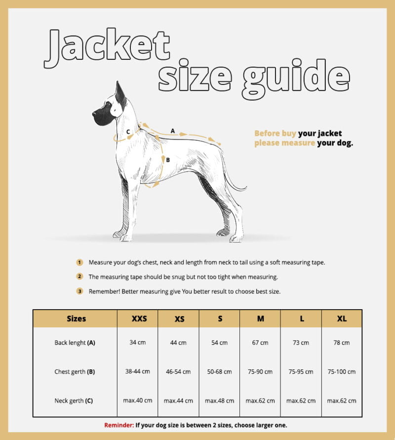 How to choose right your jacket / coat for dog. Use our table chart