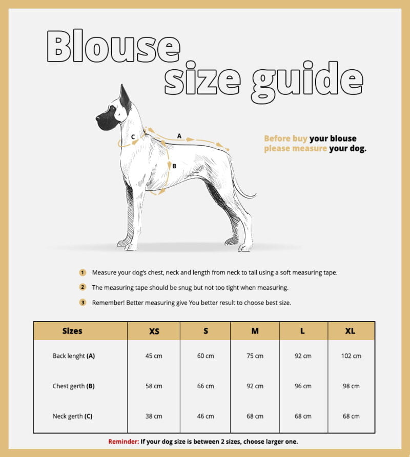 Jak dobrać prawidłowo rozmiar bluzy, piżamy dla psa? Skorzystaj z naszej tabeli która pomoże dobrać odpowiedni rozmiar.