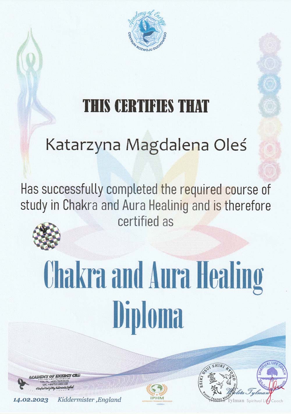 Certificate of Chakra and Aura Healing Diploma for Katarzyna Oleś