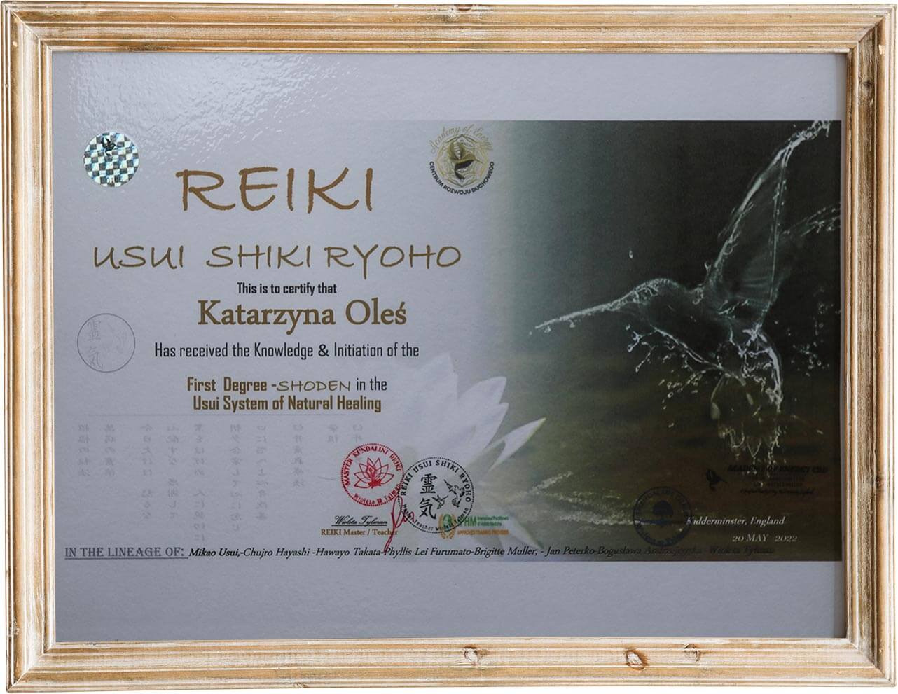 Certyfikat "Reiki" pierwszy stopień