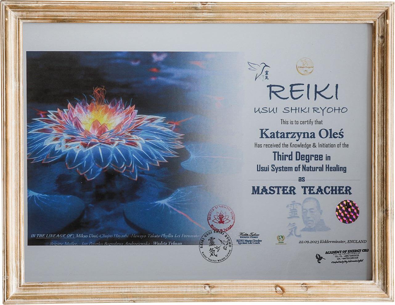 Certyfikat "Reiki" - trzeci stopień